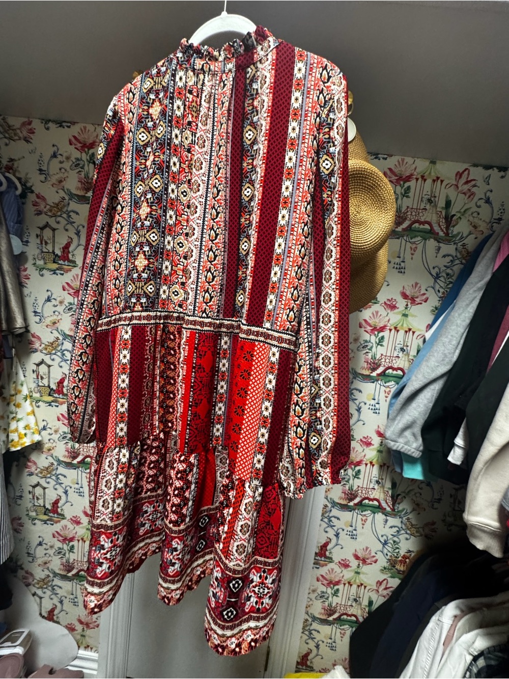 LOFT Red Multi-Pattern Long-Sleeve Tiered Dress - Picture 11 of 11